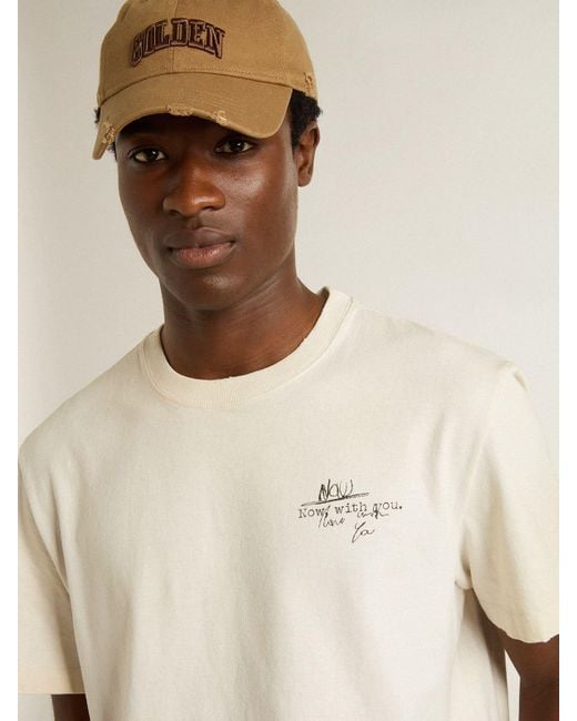 Golden Goose Deluxe Brand Natural T-Shirt With Print On The Chest And On The Back With A Lived-In Effect for men