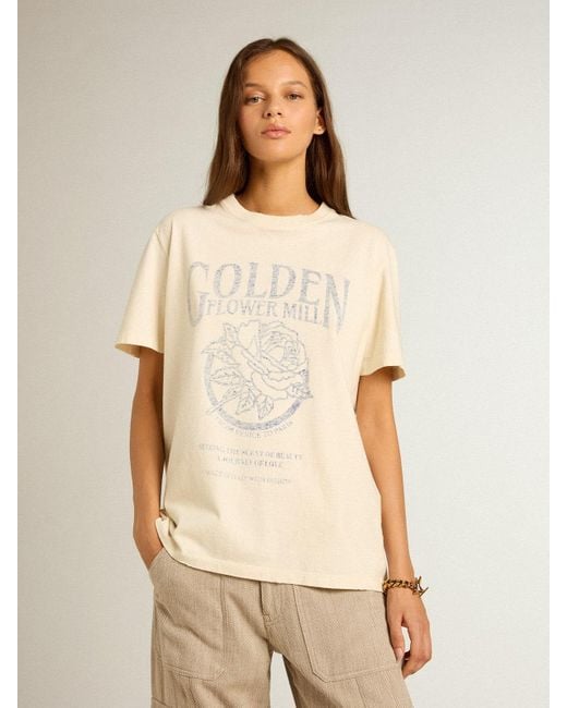 T-Shirt Da Donna Color Bianco Vissuto Con Stampa Stagionale, Donna, Taglia di Golden Goose Deluxe Brand in Natural