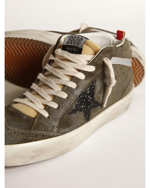 Mid-Star Pour Femme En Daim Vert Avec Étoile À Paillettes Noires Et Contrefort En Cuir Façon Poulain, Femme, Taille Golden Goose Deluxe Brand en coloris Natural