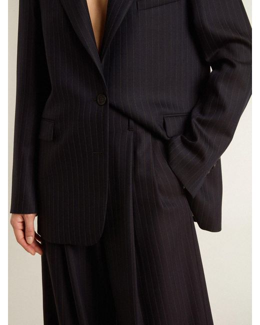 Golden Goose Deluxe Brand Blue Dark Tailored Trousers With Vertical Stripe