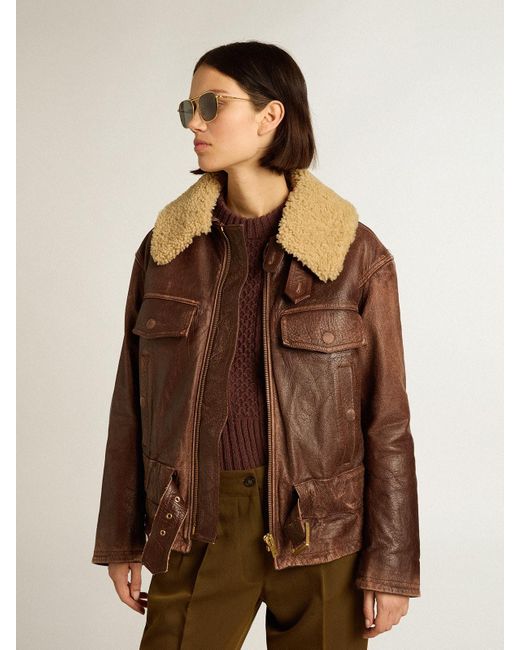 Golden Goose Deluxe Brand Brown Wood-Colored Jacket With Detachable Shearling Collar