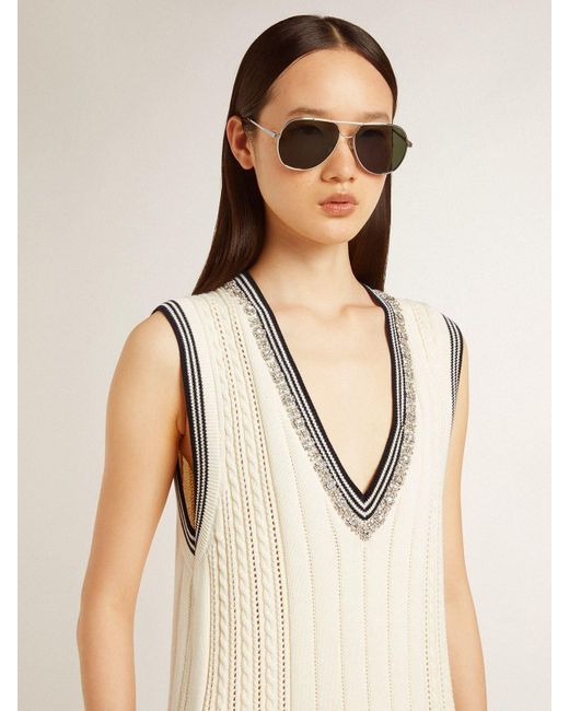Golden Goose Deluxe Brand Natural 'Worn- Cotton Vest Dress With Dark Ribbing And Crystals