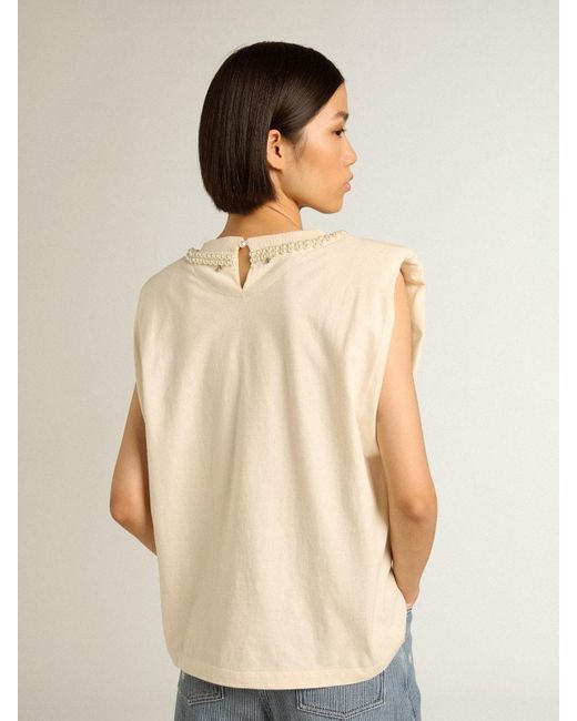 Golden Goose Deluxe Brand Natural Aged Sleeveless T-Shirt With Pearl Embroidery