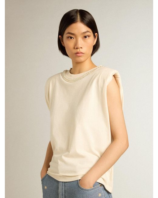 Golden Goose Deluxe Brand Natural Aged Sleeveless T-Shirt With Pearl Embroidery