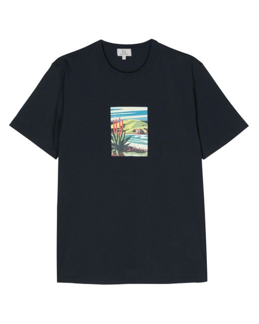 Woolrich Blue T-shirt In Cotone Con Stampa paesaggio for men