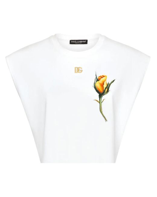 Dolce & Gabbana White Cropped Jersey T-Shirt With Dg Logo And Rose-Embroidered Patch