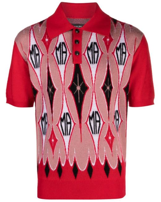 Amiri Red Argyle Wool Short-sleeve Polo Shirt for men