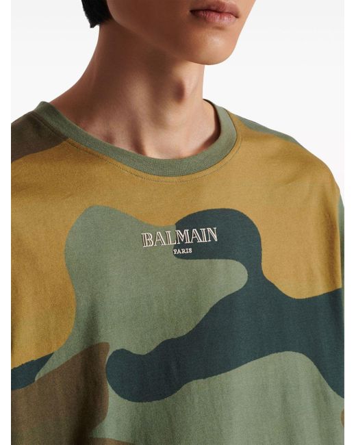 Balmain Green Cotton Camouflage Logo T-shirt for men