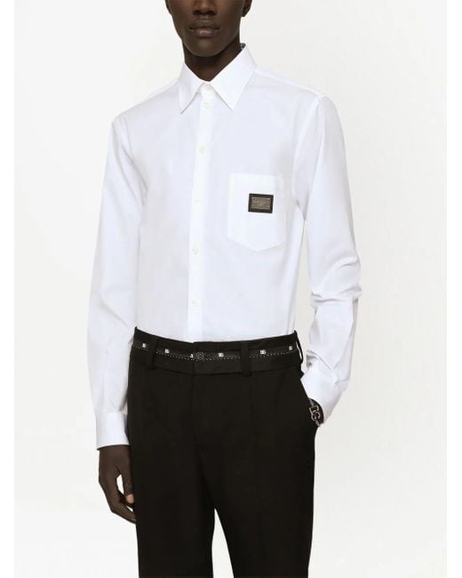 Dolce & Gabbana White Martini-fit Logo-tag Cotton Shirt for men