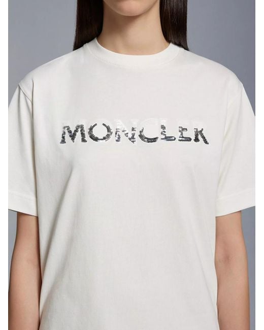 Moncler White T-shirt Con Logo In Paillette