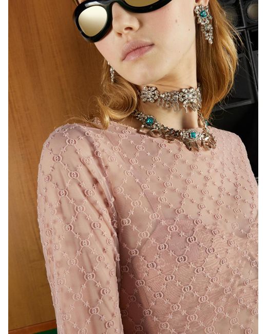 Gucci Pink GG-embroidered Tulle Blouse