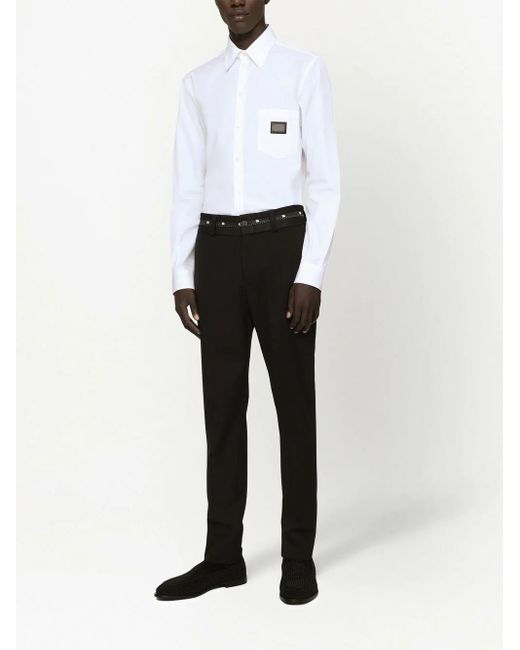 Dolce & Gabbana White Martini-fit Logo-tag Cotton Shirt for men