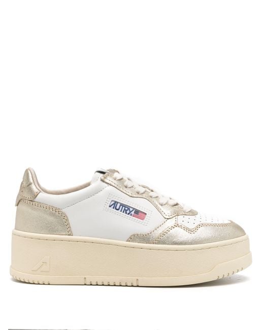 Autry White Sneakers Medalist Platform Low In Pelle Bianca E Platino