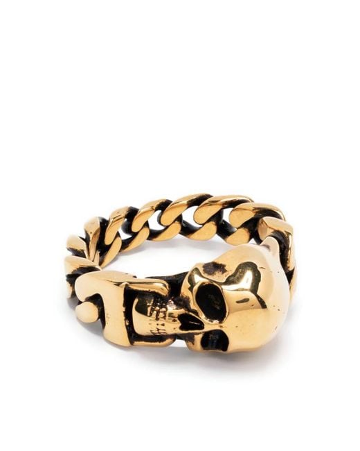 Alexander McQueen Metallic Gold Skull Chain Ring for men