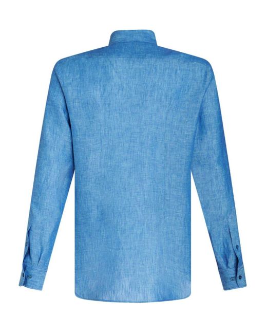 Etro Blue Pegaso-Embroidered Mélange-Effect Shirt for men