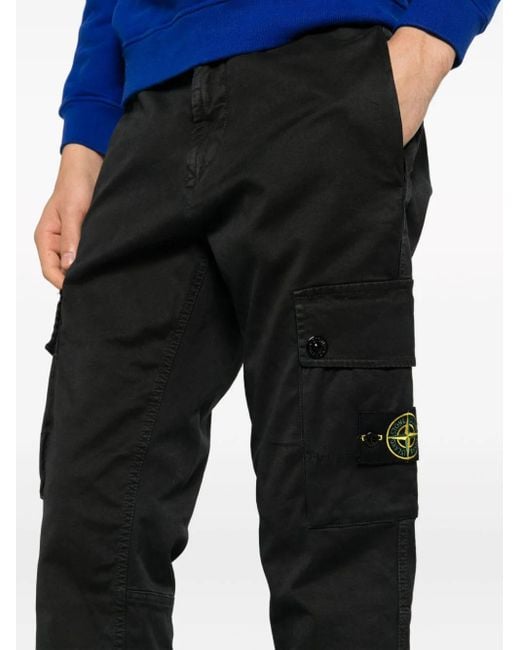 Stone Island Black Compass-motif Cotton Tapered Trousers for men