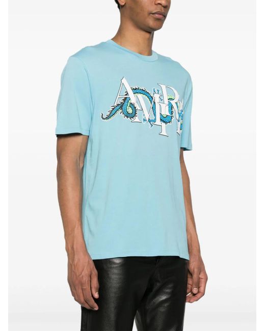 Amiri Blue Light T-Shirt With Dragon Logo Print for men