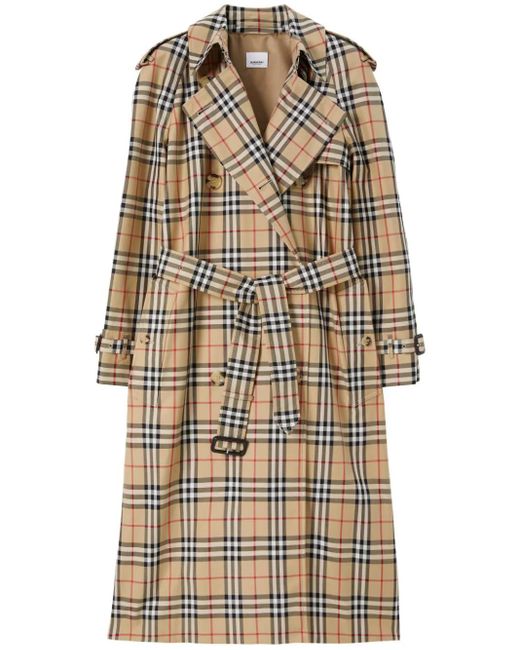 Burberry Long Check Gabardine Trench Coat in Natural | Lyst