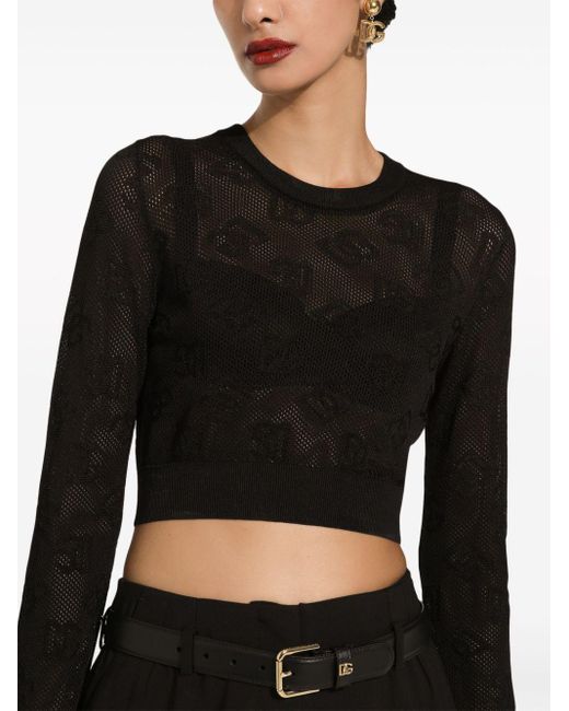 Dolce & Gabbana Black Cropped Mesh-stitch Viscose Sweater With All-over Jacquard Dg Logo