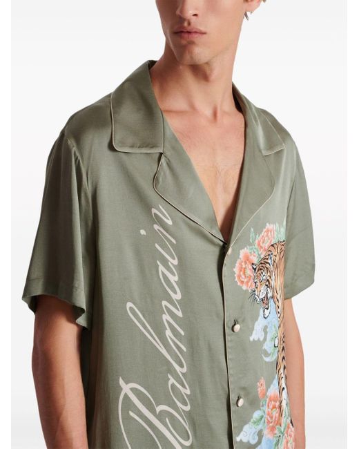 Balmain Green Camicia Con Stampa Tigre for men