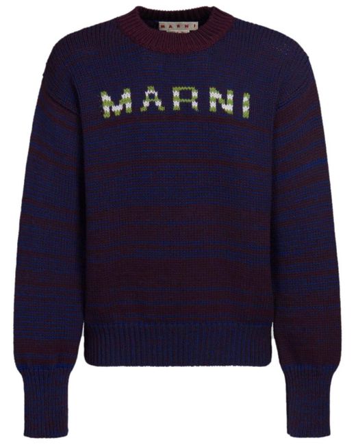 Marni Blue Intarsia-knit Logo Virgin-wool Sweater for men