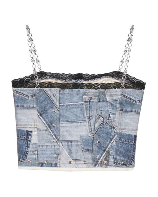 ANDERSSON BELL Blue Denim-patchwork-print Cropped Top