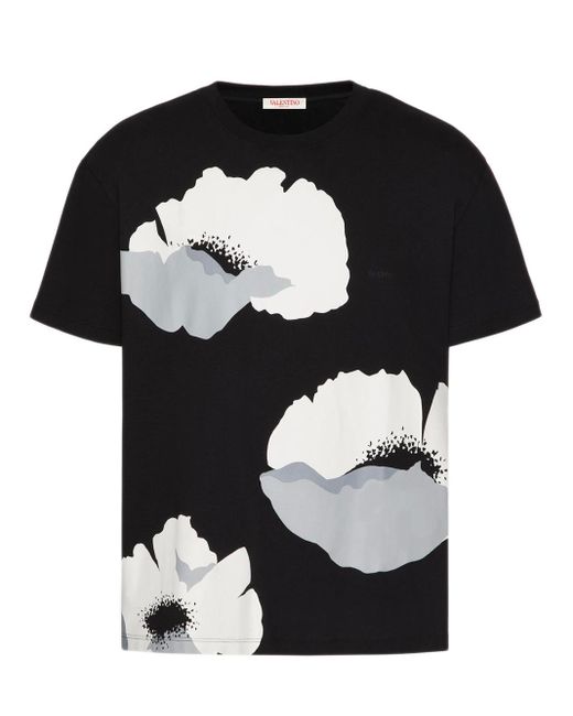 Valentino Garavani Black T-shirt In Cotone Con Stampa Flower Portrait for men