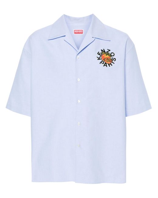 KENZO Blue Embroidered-Logo Canvas Shirt for men
