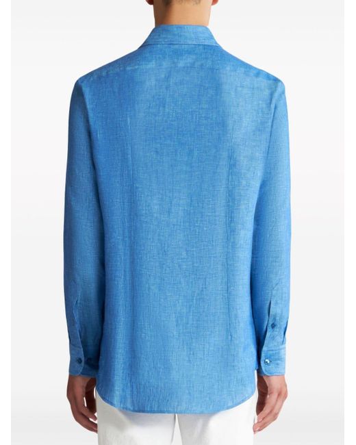Etro Blue Pegaso-Embroidered Mélange-Effect Shirt for men