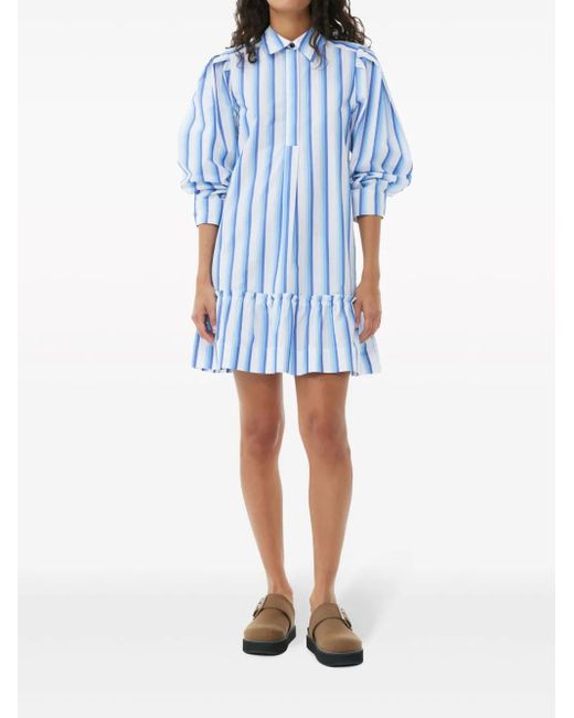 Ganni Blue Striped Organic Cotton Shirtdress