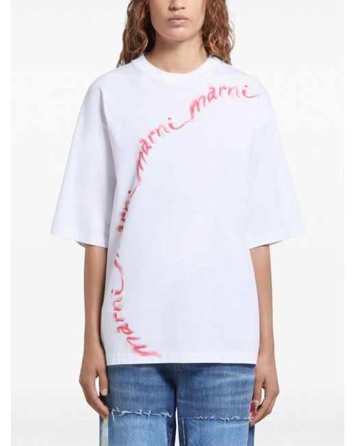 Marni White T-shirt Con Logo A Onde