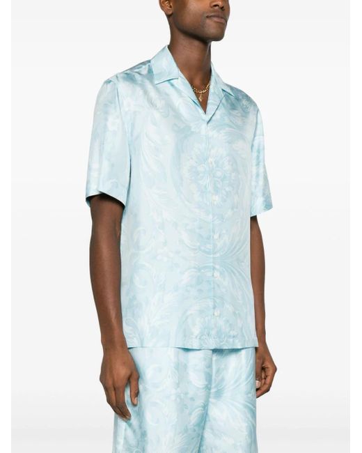 Versace Blue Barocco-Print Silk Shirt for men