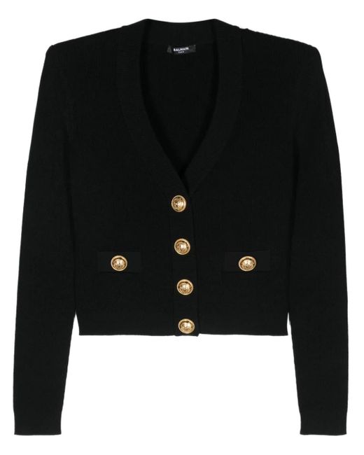 Buttoned Knit Crop Cardigan di Balmain in Black