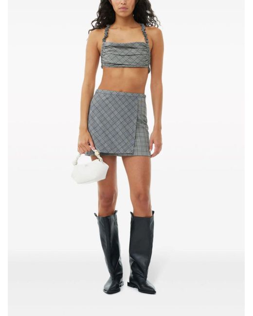 Ganni Gray Wrap-design Check-print Miniskirt