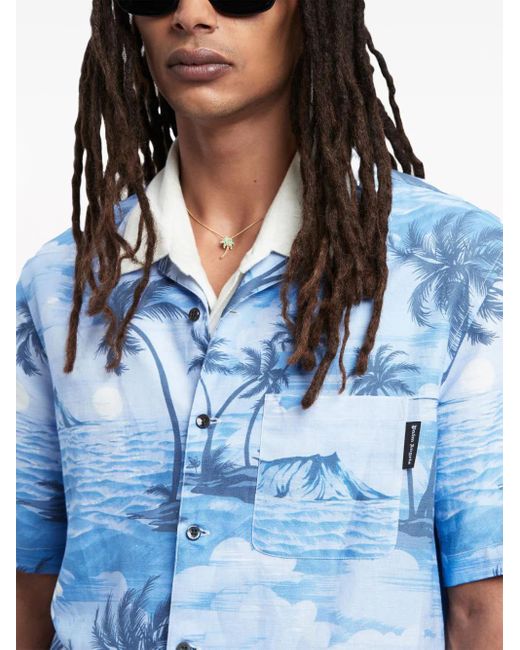 Palm Angels Blue Sunset-Print Linen-Blend Shirt for men