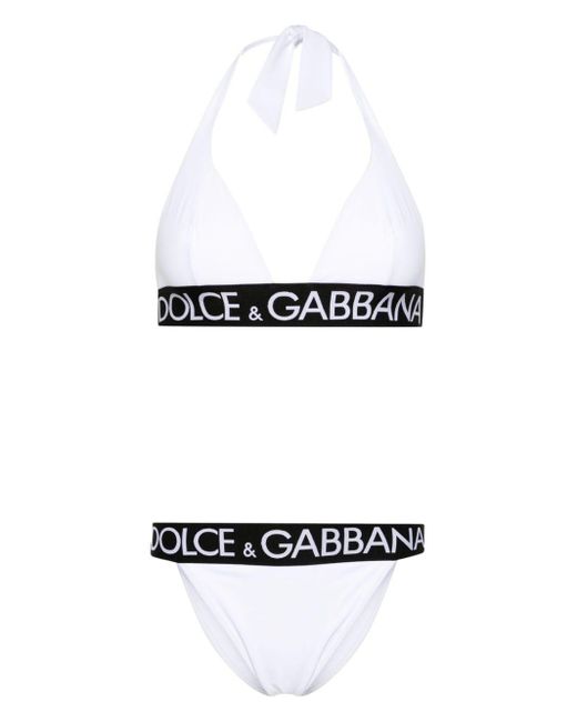 Dolce & Gabbana White Logo-strap Triangle-cup Bikini