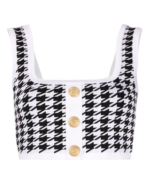 Balmain White Button-embellished Houndstooth Crop Top