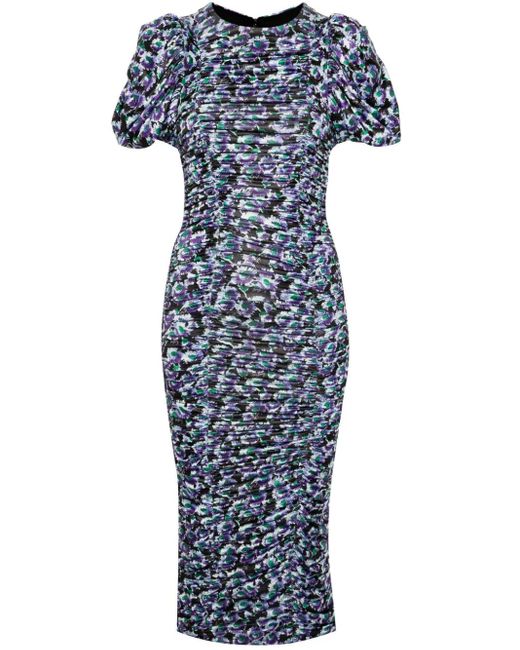 ROTATE BIRGER CHRISTENSEN Blue Floral-print Ruched Midi Dress