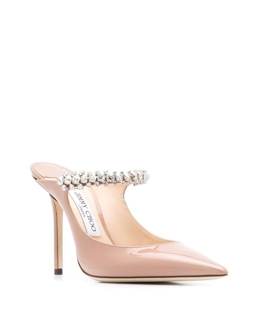 Jimmy Choo Pink Bing 100 Crystal Strap Patent Leather Heel Mules