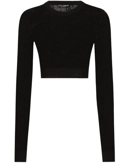 Cropped mesh-stitch viscose sweater with all-over jacquard dg logo di Dolce & Gabbana in Black