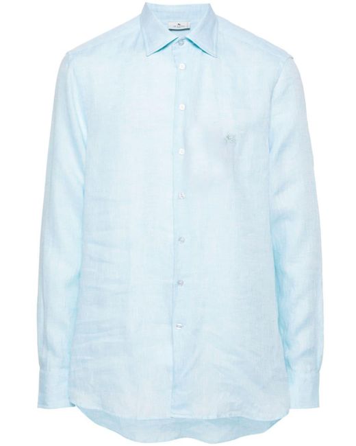 Etro Blue Linen Shirt With Pegasus Embroidery for men
