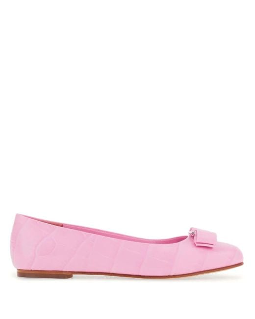 Ferragamo Pink Vara Bow Croc-effect Leather Ballet Flats