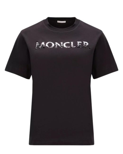 Moncler Black T-shirt Con Logo In Paillette