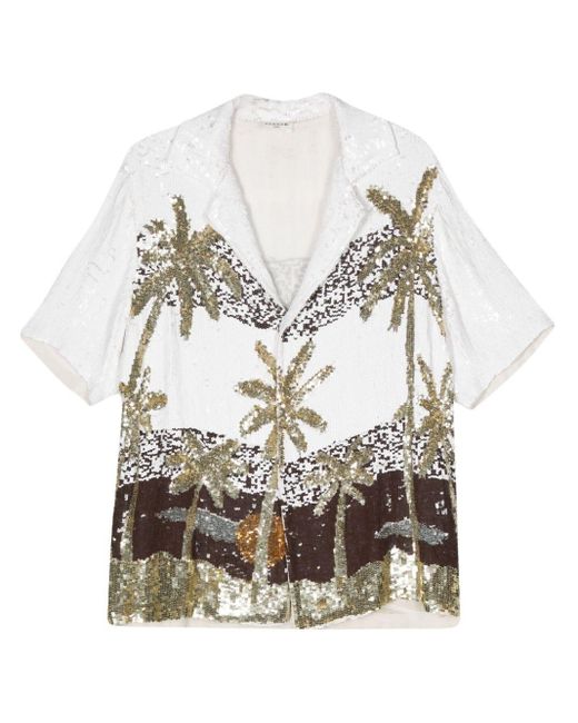 P.A.R.O.S.H. White Palm Tree-Print Sequin-Embellished Shirt