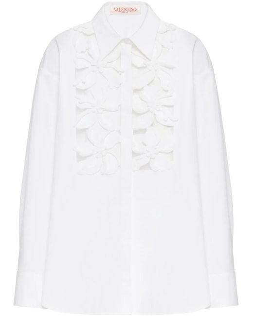 Valentino Garavani White Camicia In Compact Popeline Ricamata