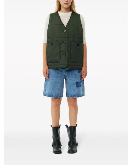 Ganni Green Button-up Quilted Gilet