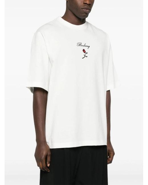 Burberry White Rose Embroidered Logo Cotton Jersey T-shirt for men