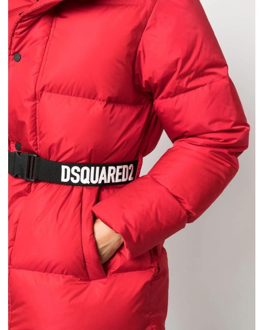 DSquared² Red Hooded Belted Puffer Jacket