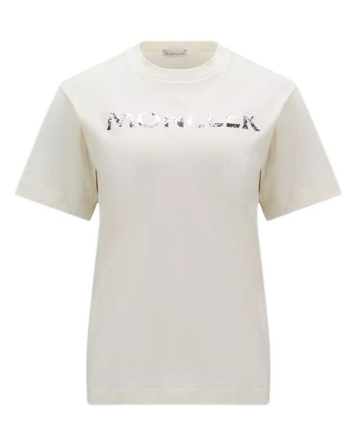 Moncler White T-shirt Con Logo In Paillette