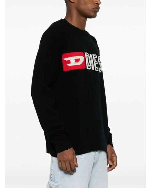 DIESEL Black Wool Crewneck Sweater With Cut-up Logo for men